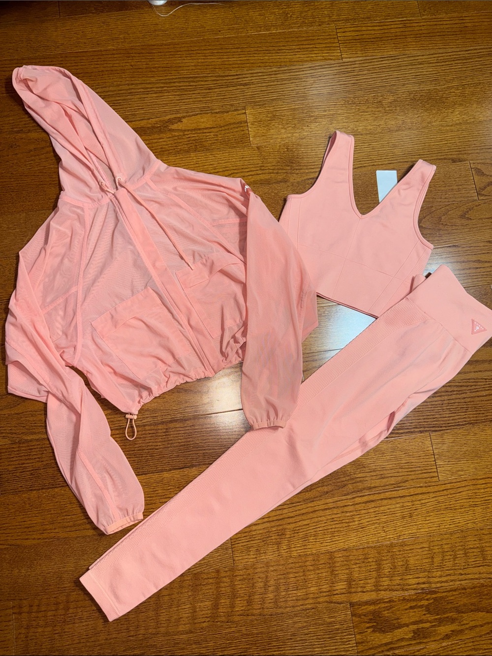 Guess XS Activewear Set Peach Coral Active Top, Leggings, Sheer Jacket